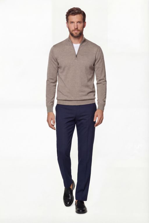 Half-zip Knit Sweater – Taupe – 100% Extra-fine Merino Wool thumbnail 4