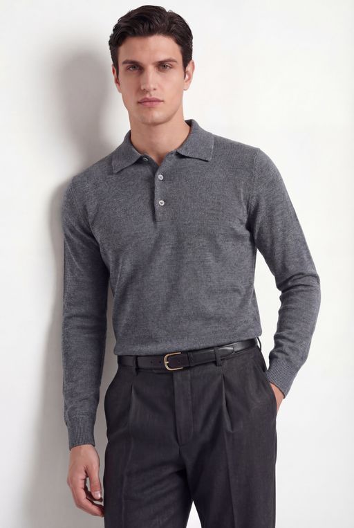 Merino Knit Polo – Mid Grey – 100% Superfine Virgin Wool thumbnail 2
