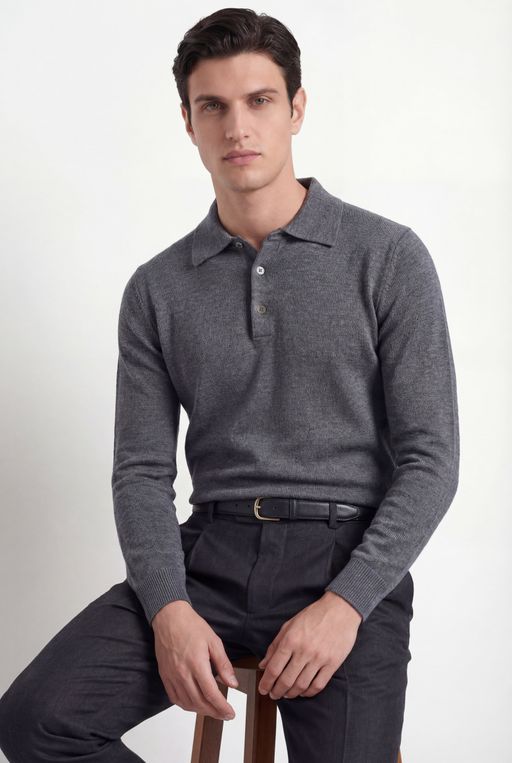 Merino Knit Polo – Mid Grey – 100% Superfine Virgin Wool thumbnail 1