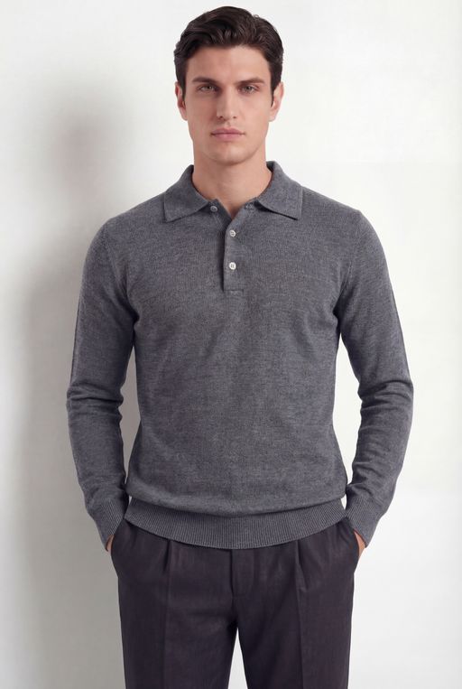 Merino Knit Polo – Mid Grey – 100% Superfine Virgin Wool thumbnail 4