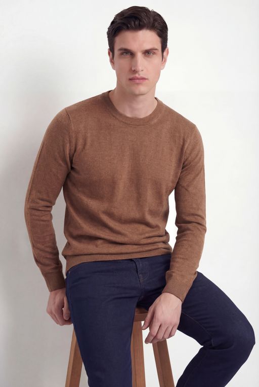 Crew Neck Knit – Cognac – Wool & Silk Blend thumbnail 1
