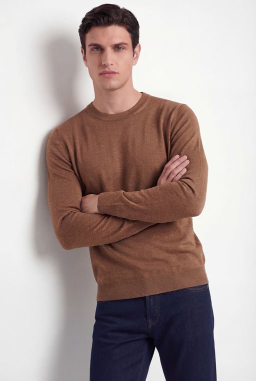 Crew Neck Knit – Cognac – Wool & Silk Blend thumbnail 3