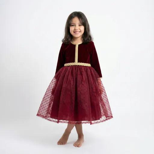 Caftan Impérial avec Manches en Velours - Grenat thumbnail 3