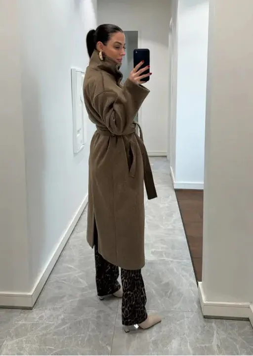 Manteau Long Ceinturé À Col Montant thumbnail 4