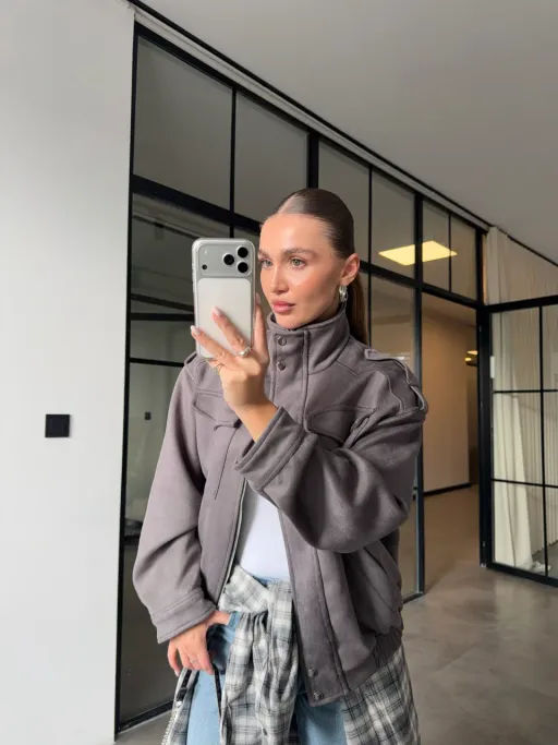 Blouson Bomber En Daim À Col Montant thumbnail 3