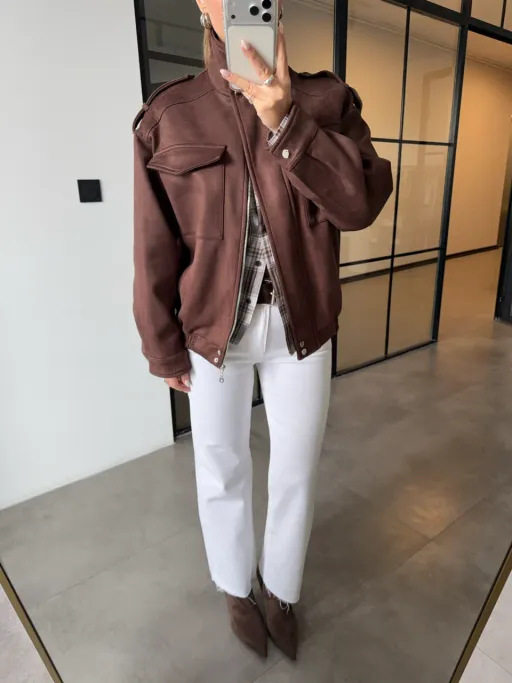 Blouson Bomber En Daim À Col Montant thumbnail 4