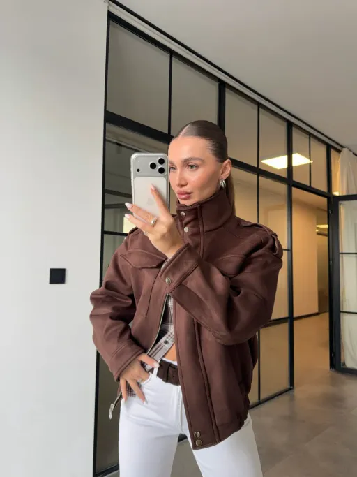 Blouson Bomber En Daim À Col Montant thumbnail 1