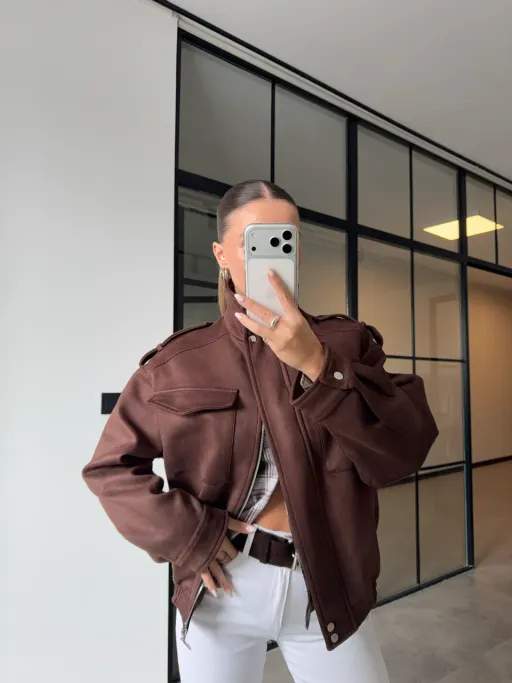 Blouson Bomber En Daim À Col Montant thumbnail 2