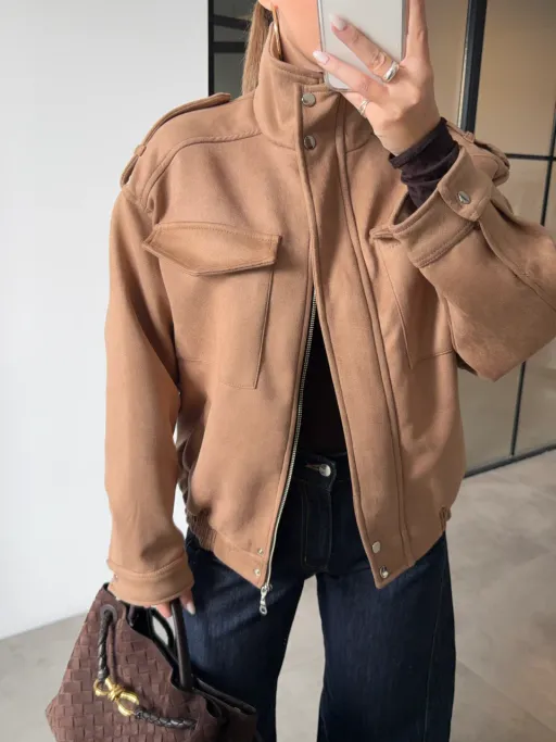 Blouson Bomber En Daim À Col Montant  thumbnail 3