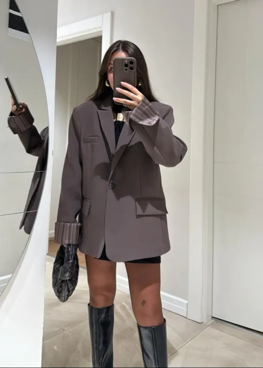 Blazer Oversize À Doublure Rayée - Taupe thumbnail 1