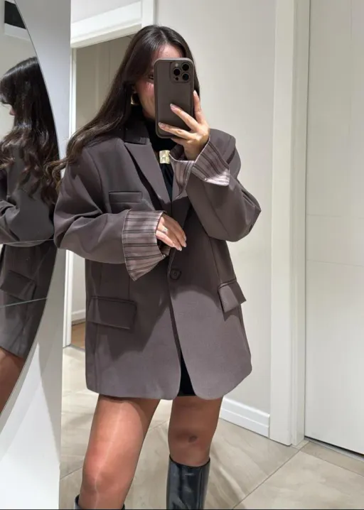 Blazer Oversize À Doublure Rayée - Taupe thumbnail 3