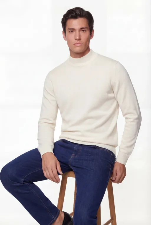 Mock Neck Knit Sweater – Ivory – Super Fine Merino Wool thumbnail 1