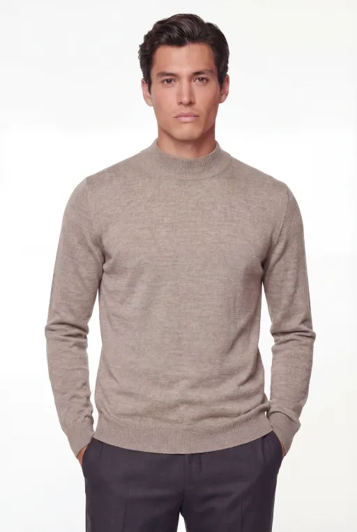 Mock Neck Knit Sweater – Beige – Extra-fine Merino Wool thumbnail 1