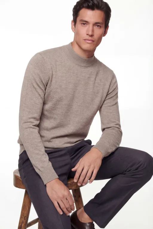 Mock Neck Knit Sweater – Beige – Extra-fine Merino Wool thumbnail 2