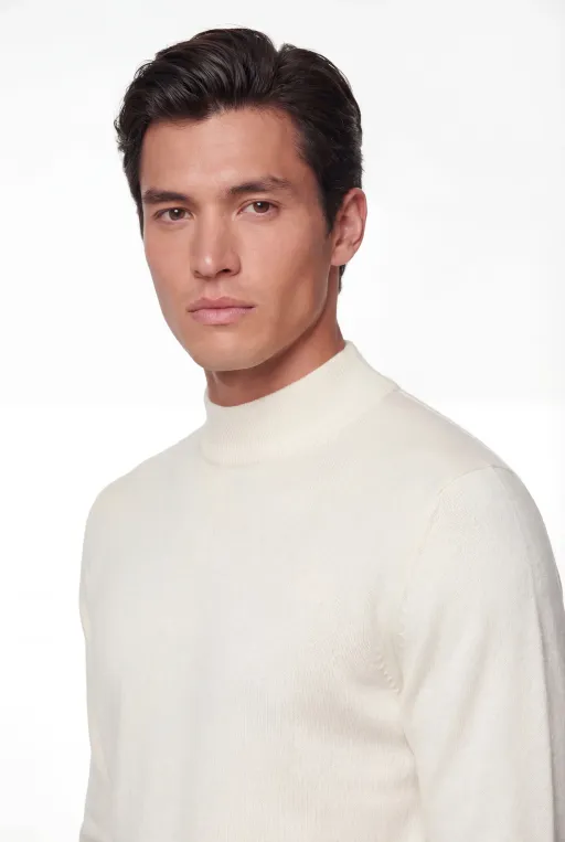 Mock Neck Knit Sweater – Ivory – Super Fine Merino Wool thumbnail 2