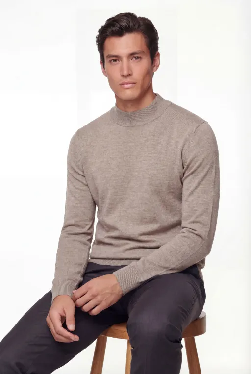 Mock Neck Knit Sweater – Beige – Extra-fine Merino Wool thumbnail 3