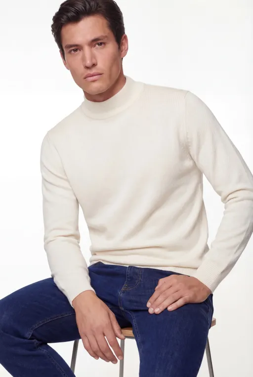 Mock Neck Knit Sweater – Ivory – Super Fine Merino Wool thumbnail 3