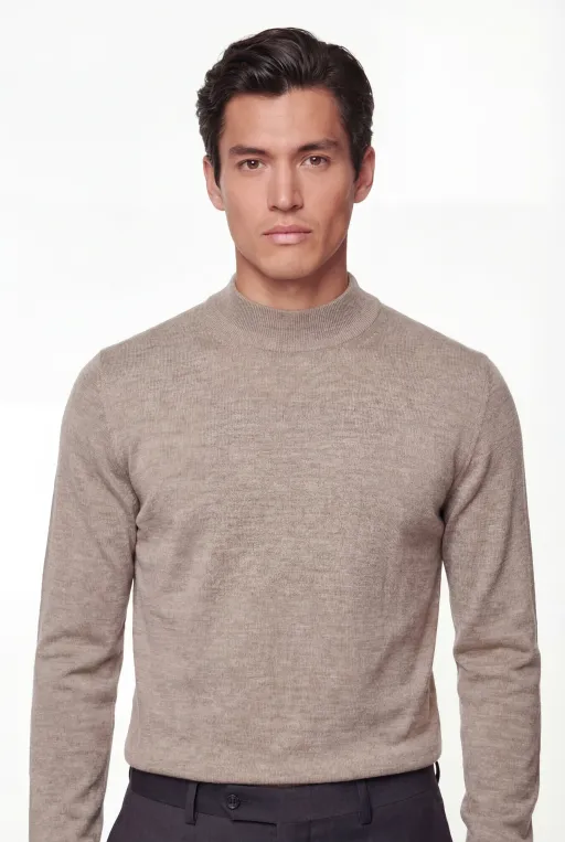 Mock Neck Knit Sweater – Beige – Extra-fine Merino Wool thumbnail 4