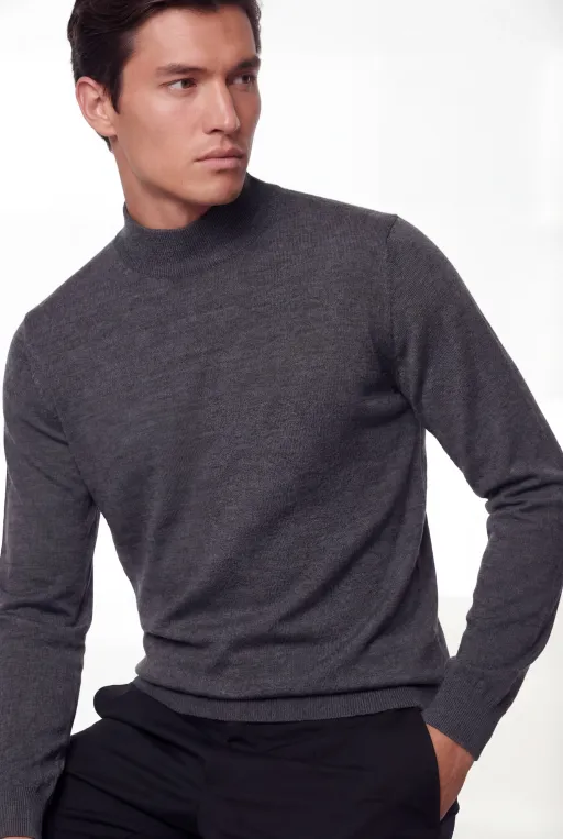 Mock Neck Knit Sweater – Anthracite Grey – Super Fine Merino Wool thumbnail 2
