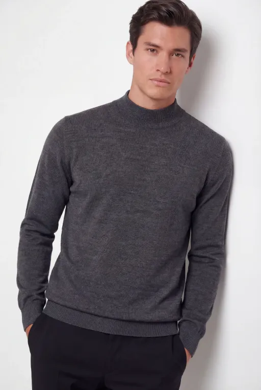 Mock Neck Knit Sweater – Anthracite Grey – Super Fine Merino Wool thumbnail 4