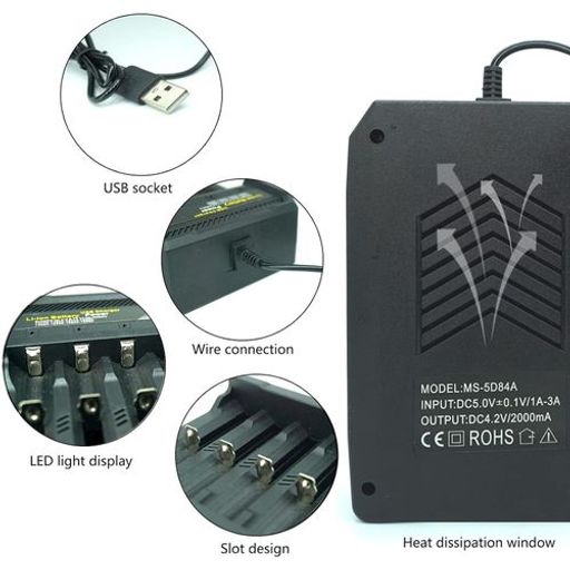 Chargeur De Batterie Li-ion Usb, 4 Emplacements – Universel 3.7v / 4.2v – Charge Rapide 2a thumbnail 3