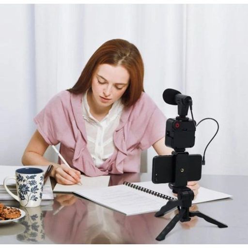 Support De Téléphone Portable Pour Vlogging, Kit Avec Microphone, Lumière Led, Trépied Et Télécommande thumbnail 2