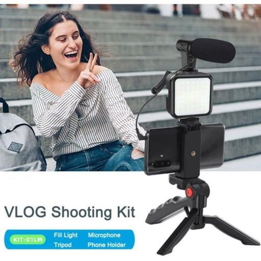 Support De Téléphone Portable Pour Vlogging, Kit Avec Microphone, Lumière Led, Trépied Et Télécommande thumbnail 1