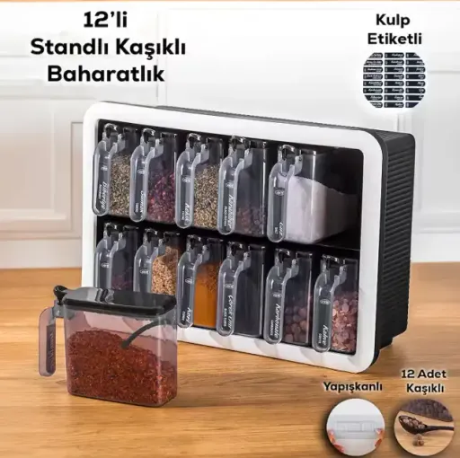 Étagère À Épices Murale 12 Pots Avec Cuillères – Support De Rangement Cuisine thumbnail 2