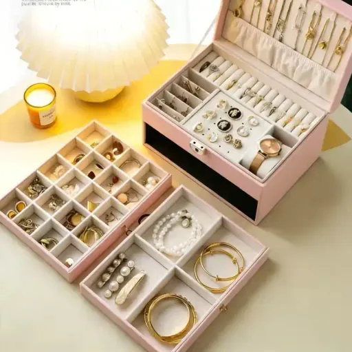 Boîte À Bijoux Moderne Verrouillable Avec Clé – Double Tiroir – Grande Capacité thumbnail 3