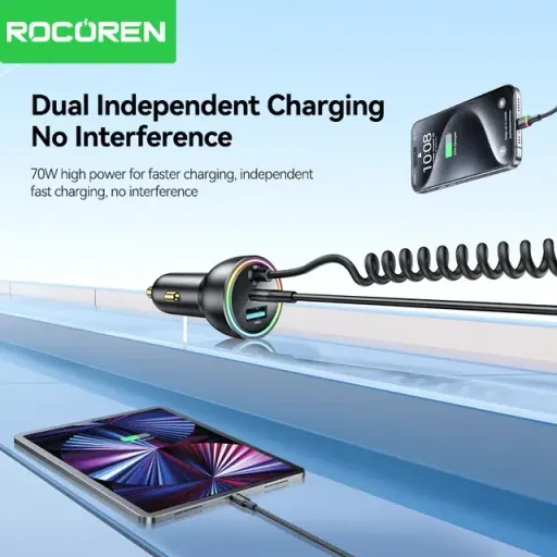 Rocoren Chargeur De Voiture 70w Usb-c Avec Câble Led thumbnail 2
