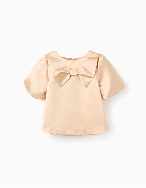 Short Sleeve Satin Blouse With Bow  thumbnail 1