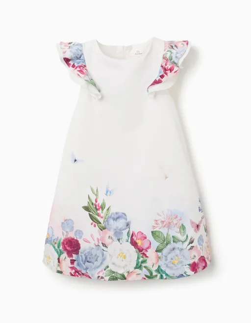 Cotton Dress With Flowers And Ruffled Sleeves thumbnail 1