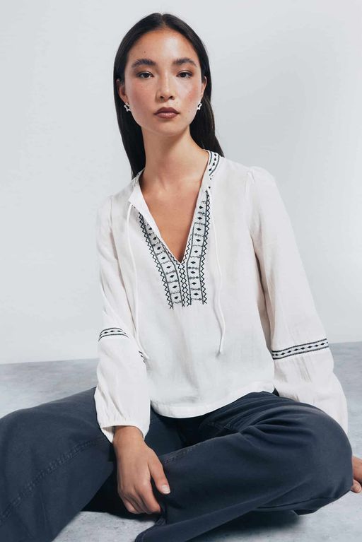 Blouse En Coton Brodé Blanc & Noir thumbnail 1