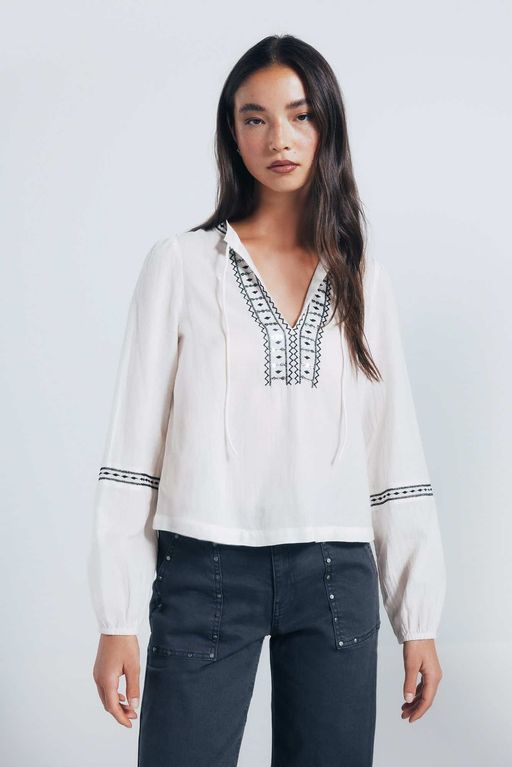 Blouse En Coton Brodé Blanc & Noir thumbnail 4