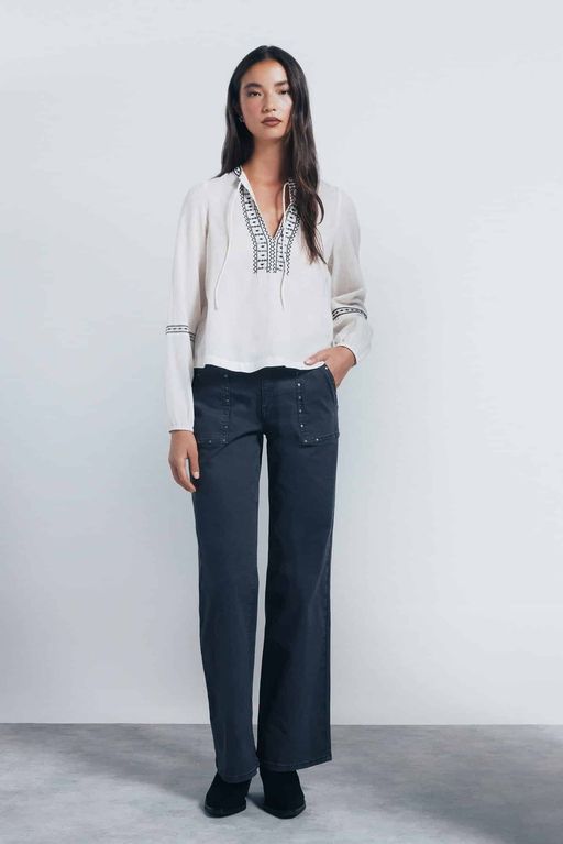 Blouse En Coton Brodé Blanc & Noir thumbnail 2