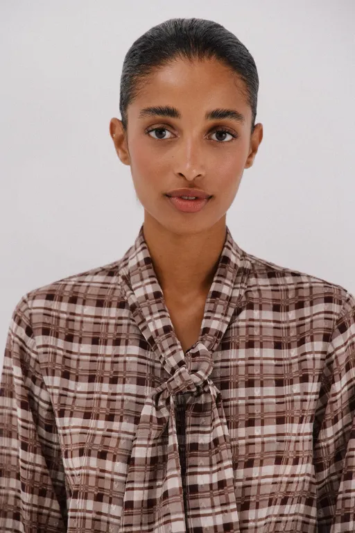 Blouse À Imprimé À Carreaux Avec Nœud thumbnail 2