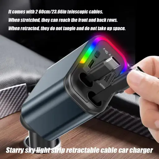 Chargeur Voiture 4 En 1 À Câbles Rétractables Usb-c Charge Rapide Led Étoilée thumbnail 3