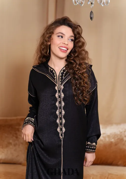 Djellaba Deux Pièces En Kamkha En Noir thumbnail 3