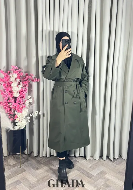 Trench-coat Long En Vert Olive thumbnail 4