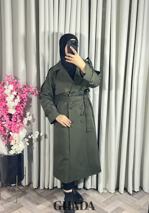 Trench-coat Long En Vert Olive thumbnail 2