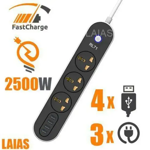 Rallonge Intelligente Haute Sécurité Multiprise 4 Usb À Chargement Rapide, 3 Prises Universelle thumbnail 1