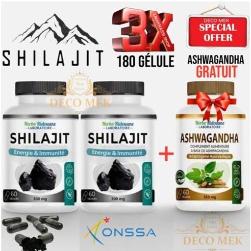 Pack 3×60 Capsules Shilajit Himalaya 300 Mg – Extrait Pur À L’acide Fulvique + Ashwagandha Offert Pour Énergie & Récupération Musculaire thumbnail 1