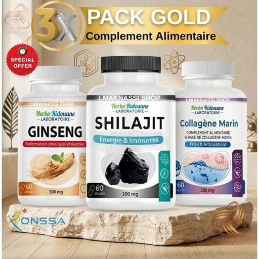 Pack Gold X3 Gin-seng, Shilajit, Collagéne Marine, Complément Alimentaire Bio, 60 Gélules thumbnail 2