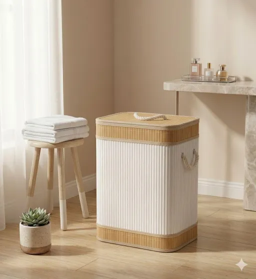 Panier À Linge Pliable En Bambou 60 L Avec Couvercle Et Doublure Intégrée thumbnail 1