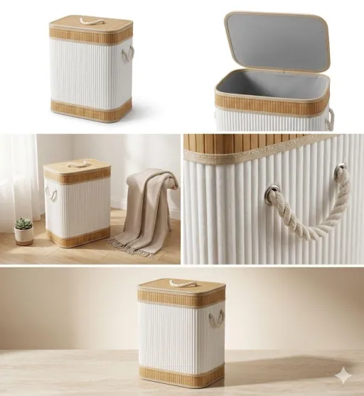 Panier À Linge Pliable En Bambou 60 L Avec Couvercle Et Doublure Intégrée thumbnail 2