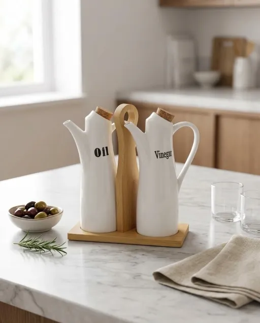 Set de 2 huiliers en porcelaine blanche avec plateau en bambou et couvercles en liège  thumbnail 1