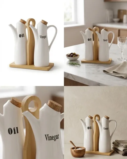 Set de 2 huiliers en porcelaine blanche avec plateau en bambou et couvercles en liège  thumbnail 2