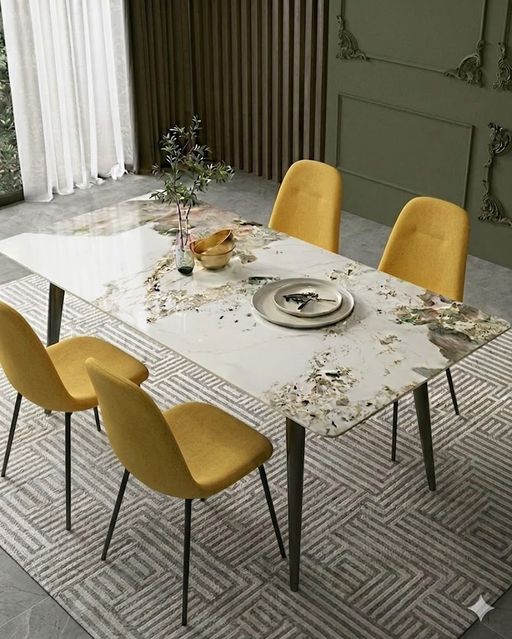 Pack Arthur – Table En Pierre Frittée Effet Marbre & 4 Chaises Renne Jaune thumbnail 1
