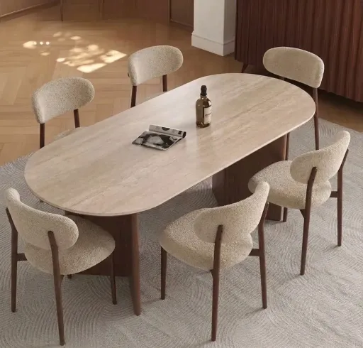 Pack Laura – Table Ovale De Luxe En Pierre Frittée & 6 Chaises Amandine Beige Bouclé thumbnail 1