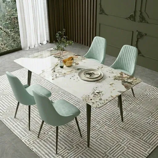 Pack Arthur – Table En Pierre Frittée Effet Marbre & 4 Chaises Pivotantes Elma Turquoise (vert Menthe) thumbnail 1